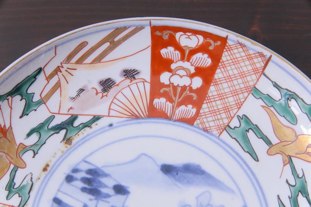 古民具・骨董　幕末明治期　山水図　色絵染付皿2枚セット(7寸皿、中皿)(3)