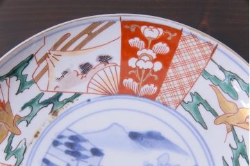 古民具・骨董　幕末明治期　山水図　色絵染付皿2枚セット(7寸皿、中皿)(3)