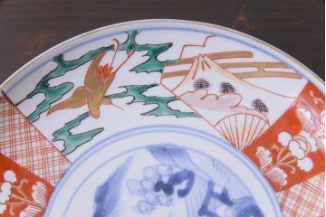 古民具・骨董　幕末明治期　山水図　色絵染付皿2枚セット(7寸皿、中皿)(3)