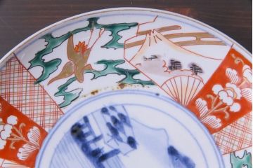 古民具・骨董　幕末明治期　山水図　色絵染付皿2枚セット(7寸皿、中皿)(3)