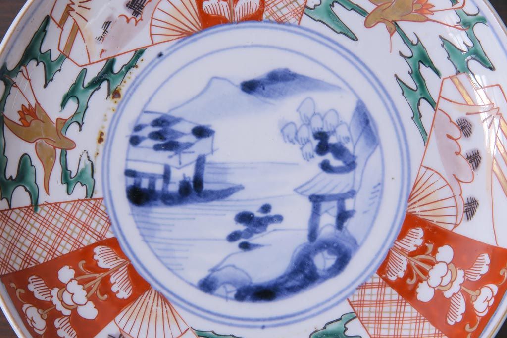 古民具・骨董　幕末明治期　山水図　色絵染付皿2枚セット(7寸皿、中皿)(3)