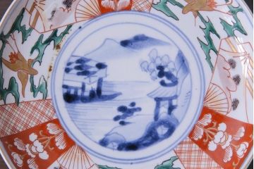 古民具・骨董　幕末明治期　山水図　色絵染付皿2枚セット(7寸皿、中皿)(3)