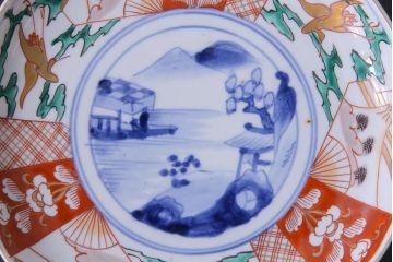 古民具・骨董　幕末明治期　山水図　色絵染付皿2枚セット(7寸皿、中皿)(3)