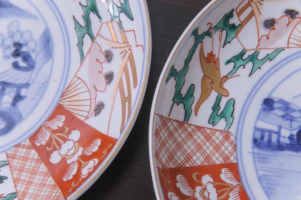 古民具・骨董　幕末明治期　山水図　色絵染付皿2枚セット(7寸皿、中皿)(3)