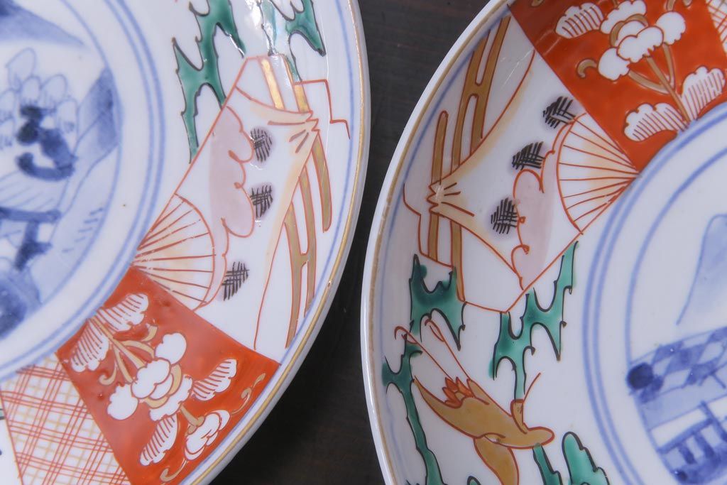 古民具・骨董　幕末明治期　山水図　色絵染付皿2枚セット(7寸皿、中皿)(3)