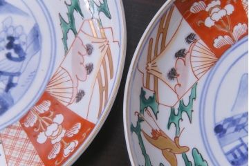 古民具・骨董　幕末明治期　山水図　色絵染付皿2枚セット(7寸皿、中皿)(3)