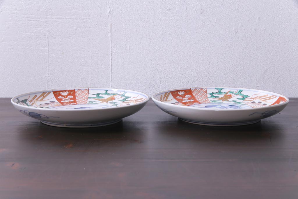 古民具・骨董　幕末明治期　山水図　色絵染付皿2枚セット(7寸皿、中皿)(3)