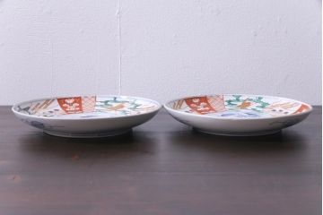 古民具・骨董　幕末明治期　山水図　色絵染付皿2枚セット(7寸皿、中皿)(3)