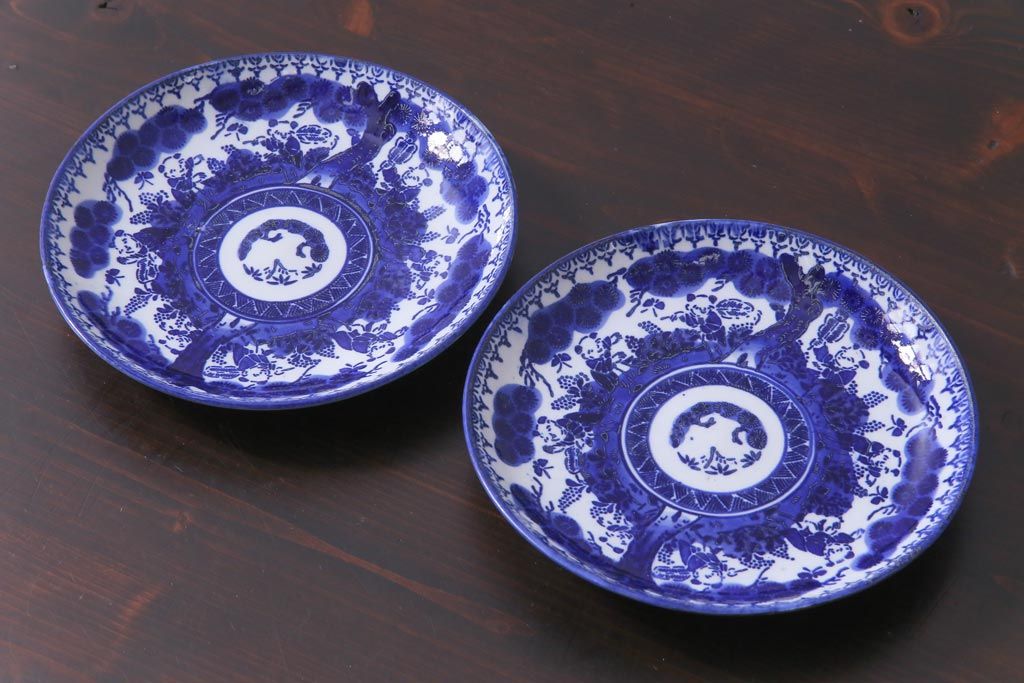 明治期　ベロ藍　紺青色が目を引く唐子文様の印判皿(中皿)(1)