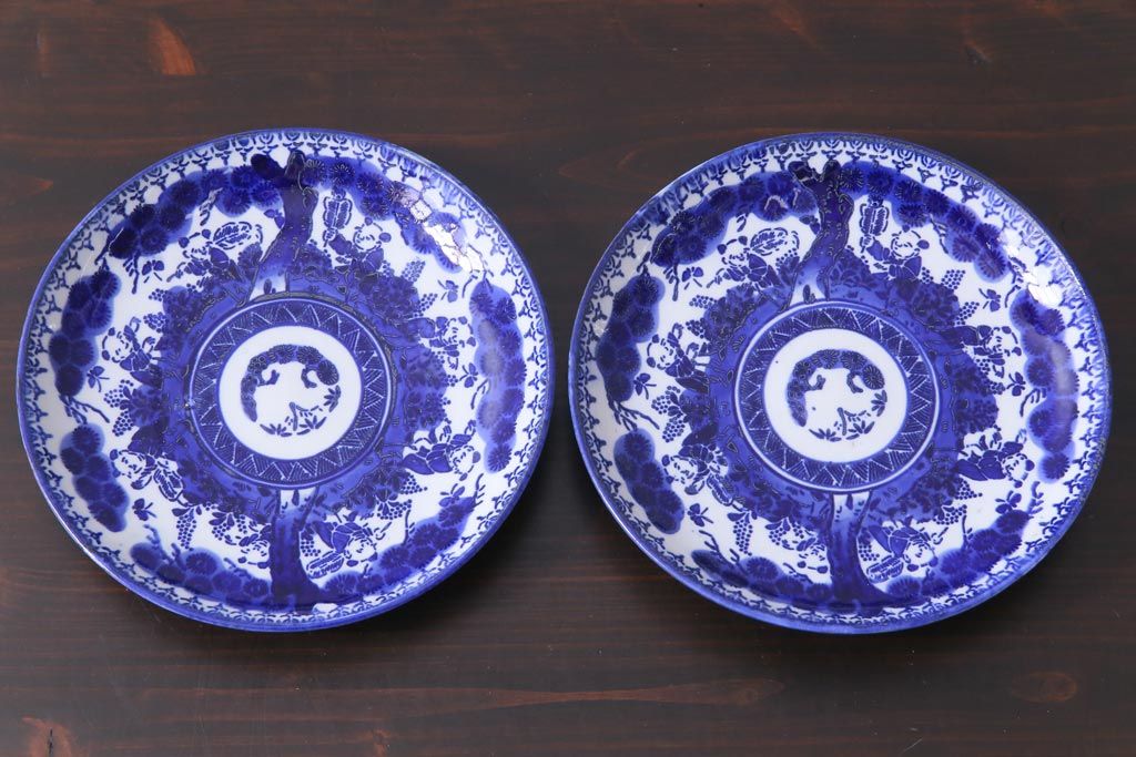 明治期　ベロ藍　紺青色が目を引く唐子文様の印判皿(中皿)(1)