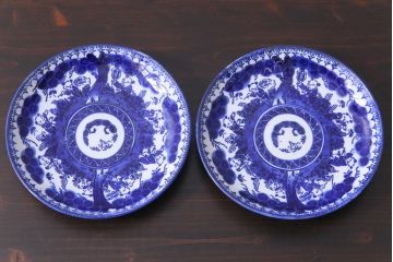 明治期　ベロ藍　紺青色が目を引く唐子文様の印判皿(中皿)(1)