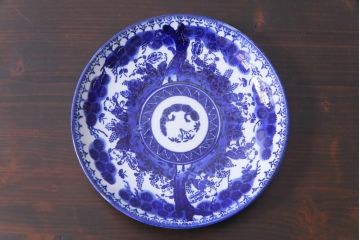 明治期　ベロ藍　紺青色が目を引く唐子文様の印判皿(中皿)(1)