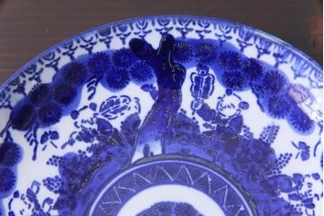 明治期　ベロ藍　紺青色が目を引く唐子文様の印判皿(中皿)(1)