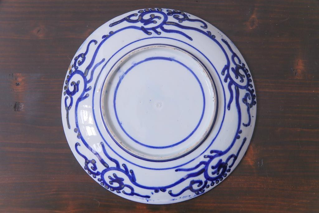 明治期　ベロ藍　紺青色が目を引く唐子文様の印判皿(中皿)(1)