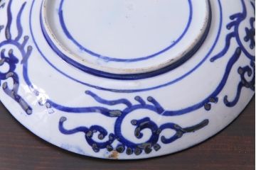 明治期　ベロ藍　紺青色が目を引く唐子文様の印判皿(中皿)(1)