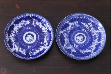 明治期　ベロ藍　紺青色が目を引く唐子文様の印判皿(中皿)(2)