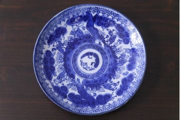 明治期　ベロ藍　紺青色が目を引く唐子文様の印判皿(中皿)(2)