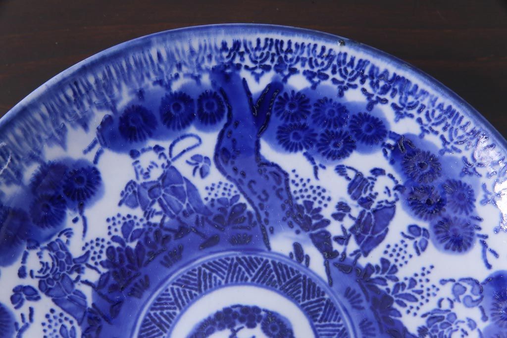 明治期　ベロ藍　紺青色が目を引く唐子文様の印判皿(中皿)(2)