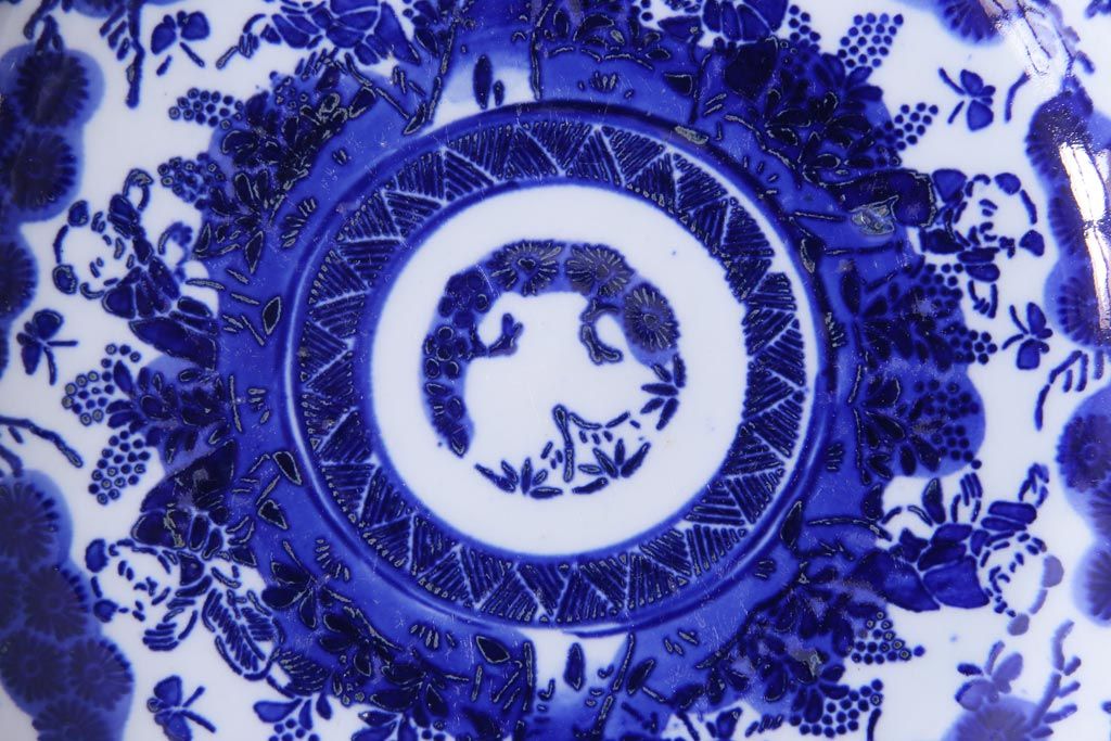 明治期　ベロ藍　紺青色が目を引く唐子文様の印判皿(中皿)(2)