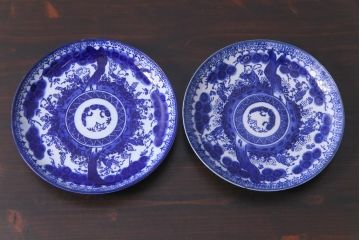 明治期　ベロ藍　紺青色が目を引く唐子文様の印判皿(中皿)(3)