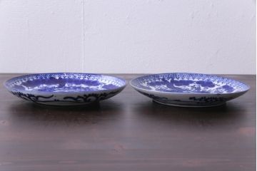 明治期　ベロ藍　紺青色が目を引く唐子文様の印判皿(中皿)(3)