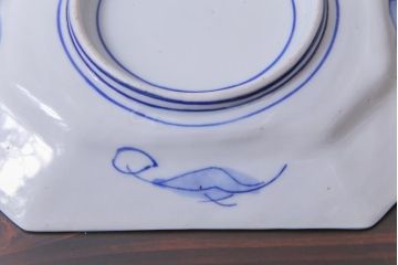 古民具・骨董　青磁　染付　牡丹図が華やかな変形皿2枚セット(長皿、和食器)