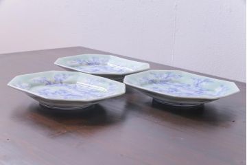古民具・骨董　青磁　染付　牡丹図が華やかな変形皿3枚セット(長皿、和食器)