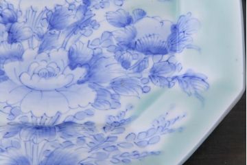 古民具・骨董　青磁　染付　牡丹図が華やかな変形皿3枚セット(長皿、和食器)