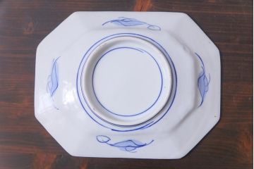 古民具・骨董　青磁　染付　牡丹図が華やかな変形皿3枚セット(長皿、和食器)