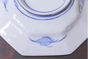 古民具・骨董　青磁　染付　牡丹図が華やかな変形皿3枚セット(長皿、和食器)