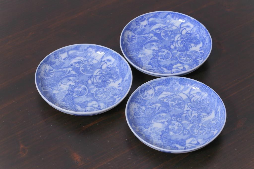 和製アンティーク　花鳥図　繊細な模様が魅力の印判皿3枚セット(小皿)