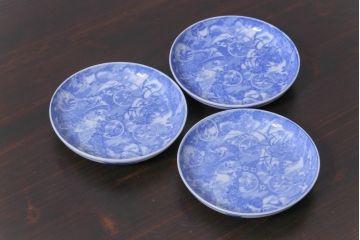 和製アンティーク　花鳥図　繊細な模様が魅力の印判皿3枚セット(小皿)