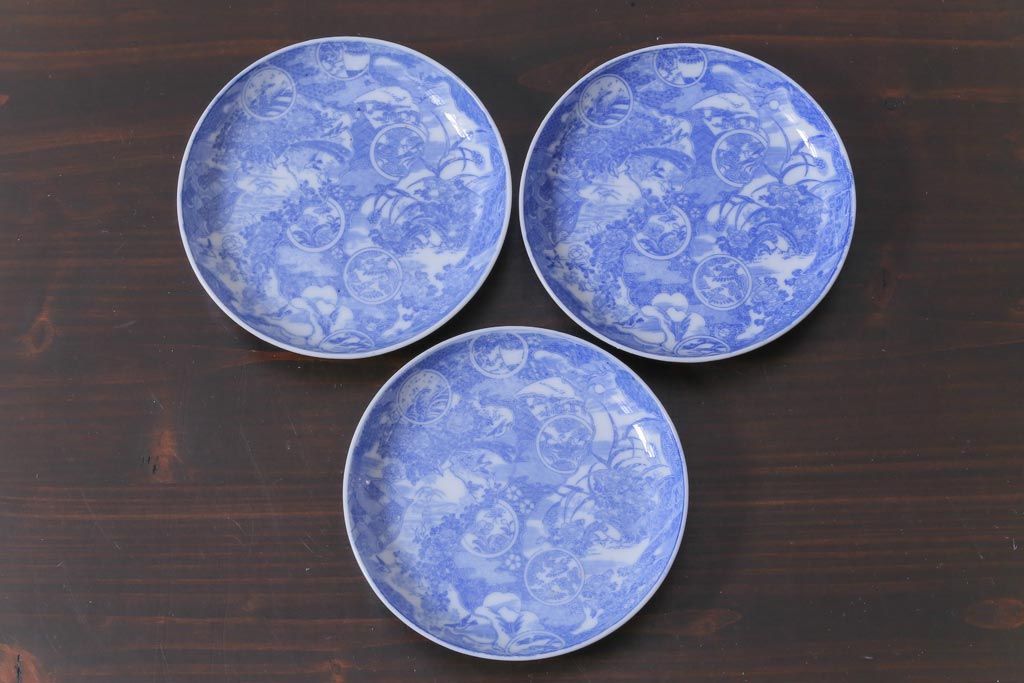 和製アンティーク　花鳥図　繊細な模様が魅力の印判皿3枚セット(小皿)