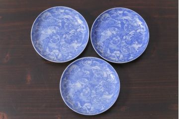 和製アンティーク　花鳥図　繊細な模様が魅力の印判皿3枚セット(小皿)