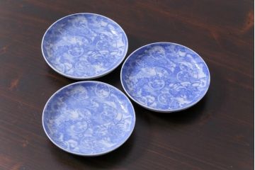 和製アンティーク　花鳥図　繊細な模様が魅力の印判皿3枚セット(小皿)