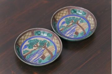 古民具・骨董　明治大正期　山水図が描かれた九谷焼色絵皿2枚セット(小皿)(2)