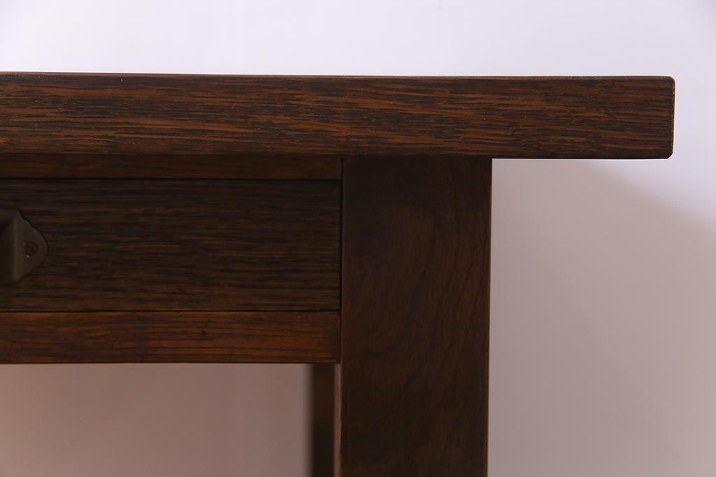 リメイク家具　天板オーク材　素朴な佇まいが魅力の引き出し付き作業テーブル(ダイニングテーブル、作業台)