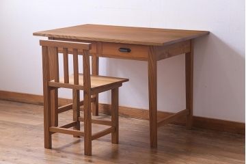ラフジュ工房オリジナル　総ケヤキ材　展示品　デスク&チェアセット(作業台、学習机、平机、椅子)