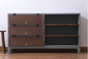 ラフジュ工房オリジナル　リメイク　ペイント家具　脚付き　明治期の松材が味わい深いパタパタ扉のリビングボード(下駄箱、収納棚、サイドボード、キャビネット)(R-034333)