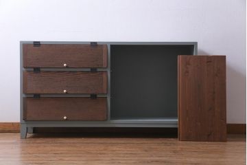 ラフジュ工房オリジナル　リメイク　ペイント家具　脚付き　明治期の松材が味わい深いパタパタ扉のリビングボード(下駄箱、収納棚、サイドボード、キャビネット)(R-034333)