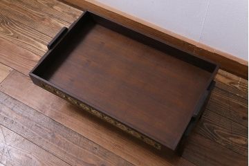 アンティーク雑貨　ビンテージ　工芸家具　栗材　手掛け付き　御物緑地花鳥梅花文錦　気品を感じる高脚衣装盆(脚付き衣装盆)