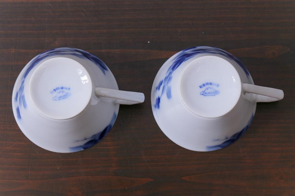 昭和レトロ　戦前　倉知陶器　青いバラがエレガントなカップ&ソーサー2客セット(洋食器)(2)