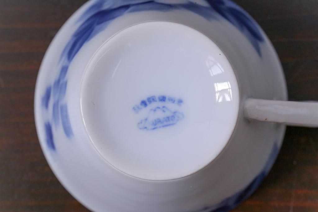 昭和レトロ　戦前　倉知陶器　青いバラがエレガントなカップ&ソーサー2客セット(洋食器)(2)