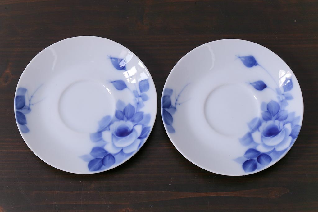昭和レトロ　戦前　倉知陶器　青いバラがエレガントなカップ&ソーサー2客セット(洋食器)(2)