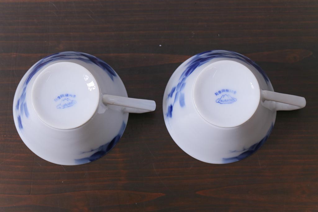 昭和レトロ　戦前　倉知陶器　青いバラがエレガントなカップ&ソーサー2客セット(洋食器)(3)