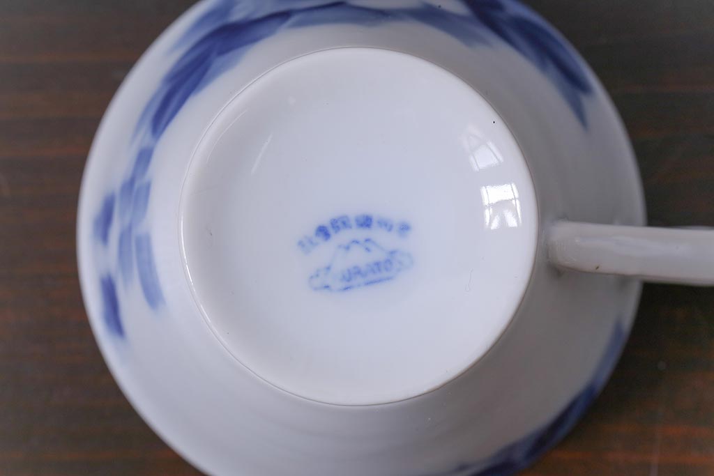 昭和レトロ　戦前　倉知陶器　青いバラがエレガントなカップ&ソーサー2客セット(洋食器)(3)