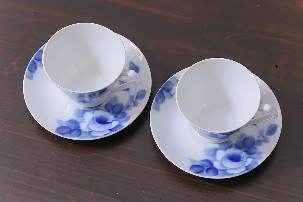 昭和レトロ　戦前　倉知陶器　青いバラがエレガントなカップ&ソーサー2客セット(洋食器)(3)