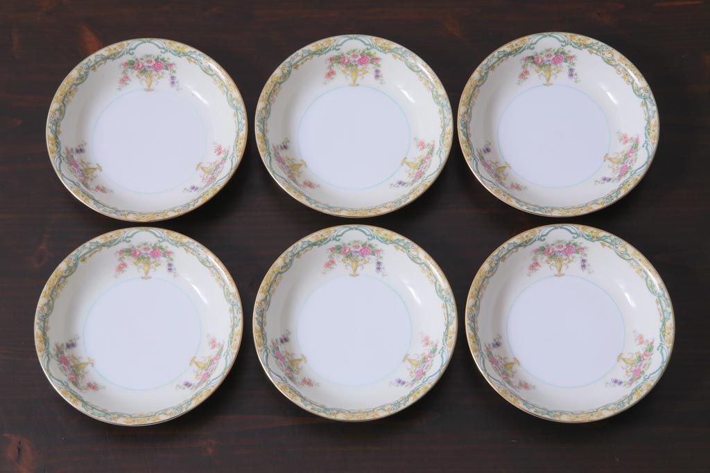 中古　オールドノリタケ(Noritake、則武)　ARVANA　エレガントな花柄の小皿6枚セット(プレート、洋食器)