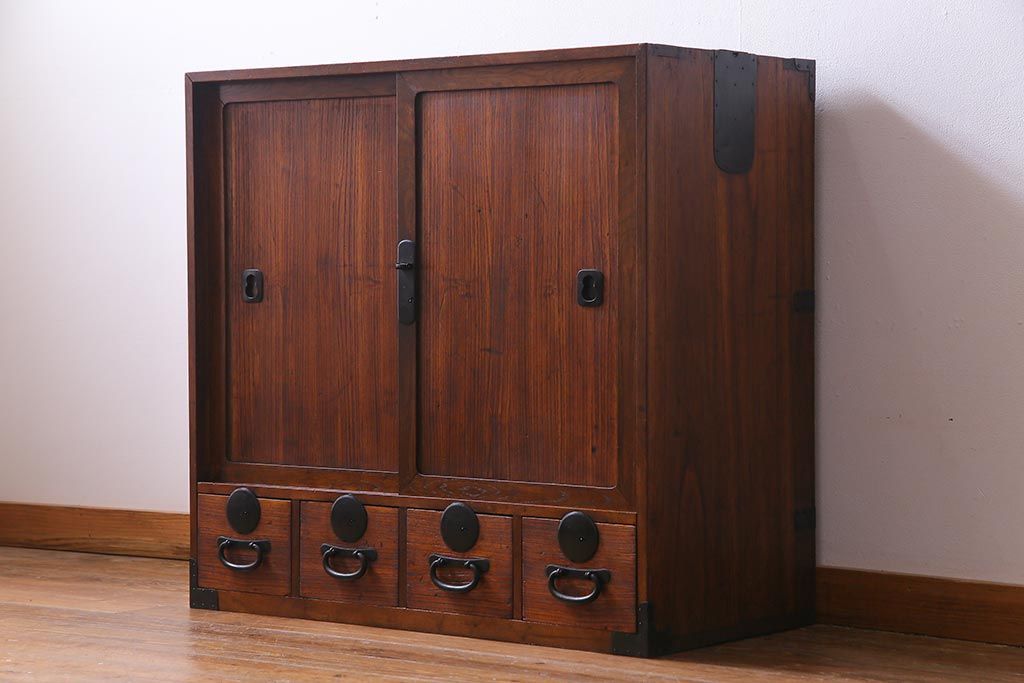 アンティーク家具　和製アンティーク　桐材・桑材　和の趣あふれる上品な帳場箪笥(収納棚、戸棚、桐箪笥、桐たんす)