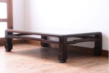 アンティーク家具　和製アンティーク　ガラス天板付き!縞黒檀材の古い座卓